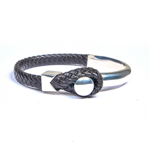 Half Leather Half Silver Cuff Bracelet.